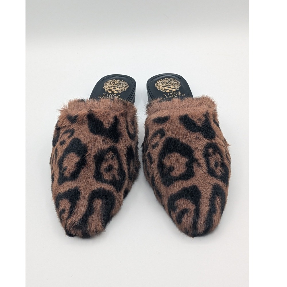 Vince Camuto Samara Mule 9M Brown Leopard Faux Fur Glam Pointed Toe Flat Slides